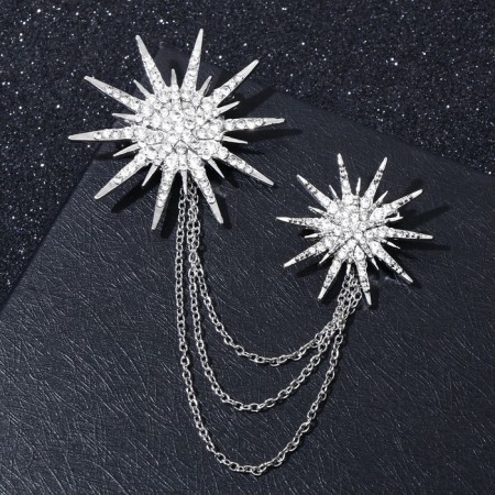 Brooch "Shine" with chains, white color in silver