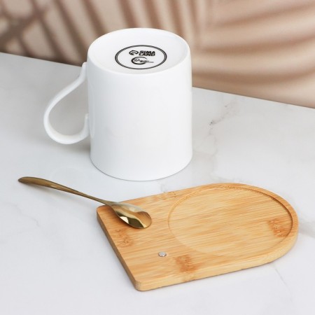 Ceramic mug on a wooden stand “Enjoy the moment”, 330 ml, with a spoon, white color-3