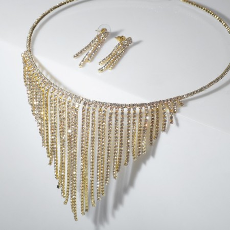 Set 2 objects: earrings, necklace "waterfall" ring, white color in gold, d = 13 cm