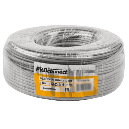 Bay cable twisted pair U/UTP, CAT 5E, PVC, 4PR, 24AWG, Indoor, Solid, Gray, 100m Proconnect-1