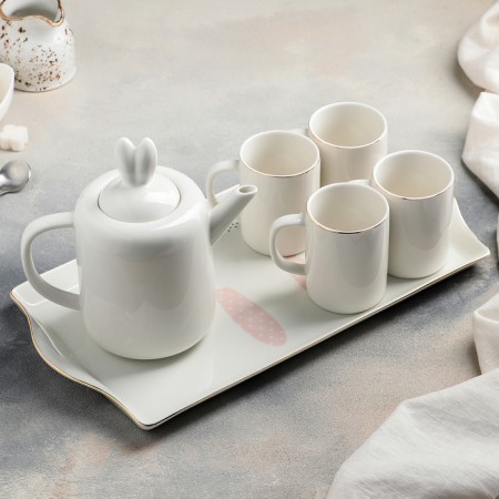 Ceramic tea "Bunny" set, 6 items: 4 220 ml mugs, 900 ml kettle, tray-2