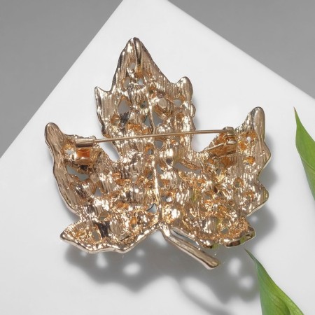 Brooch "Leaf" maple with rhinestones, green color in gold-1