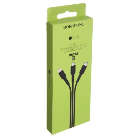 Cable Borofone X16, 3 in 1 Lightning/Microusb/Type-C, 2.4 A, 1 m, tpe braid, black-4