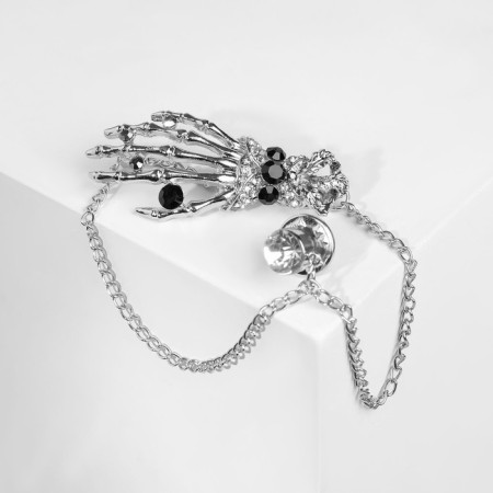 Brooch "Skeleton" with a chain, black and white color in silver-1