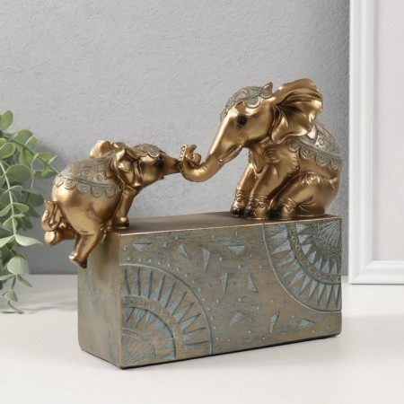 Souvenir "Elephant with a baby on a rectangle with patterns" bronze with a patina 22.5x6.5x17.5 cm-1