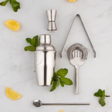Set for the Big John Bar, 5 objects: forceps, stretcher, spoon, shaker, jigger, stainless steel