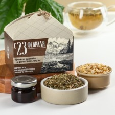 The set “To raise the power of the spirit”: cedar nut 30 g, jam from pine cones 30 g, herbal tea 20 g.