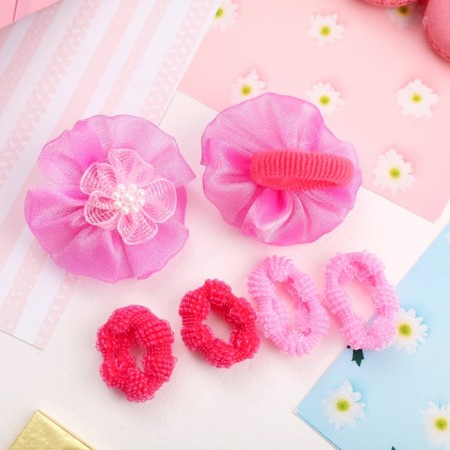 Hair elastic band "Lace" (set 6 pcs) volumetric flower, pink-1