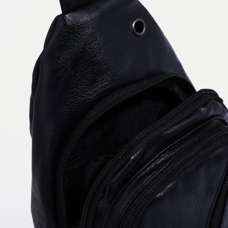 Male sling bag, artificial leather, headphone opening, black color-5