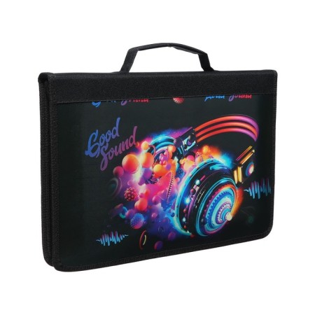 A4, 340 x 240 x 30 mm folder for labor, with a pen, lightning around, "music", laminated cardboard (voluminous 3D rusunes with a metallic effect)-1