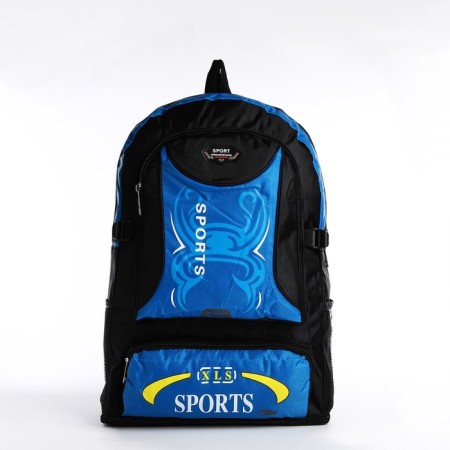 A backpack on a zipper with an increase, 55l, 5 external pockets, blue color