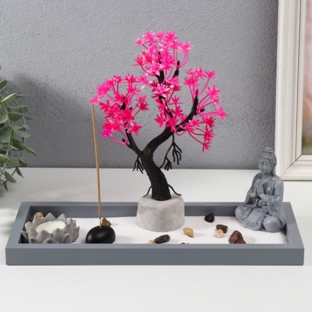 Zen Garden "Buddha Meditates Sakura" Sand+Stones+Aroma Back+Candle32x13x22 cm-1