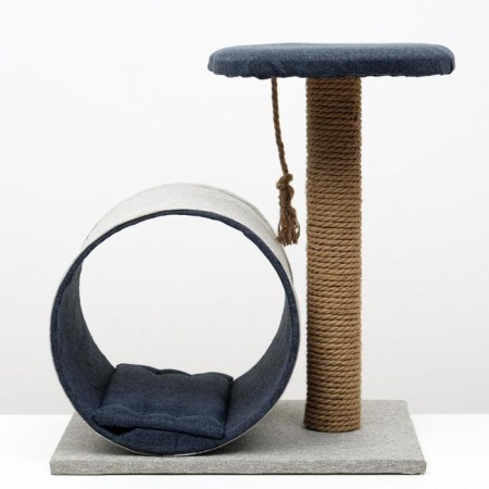 Complex for cats with a claw, with a tunnel and a shelf, 44 x 35 x 50 cm, mobbled, jute, gray-blue-2