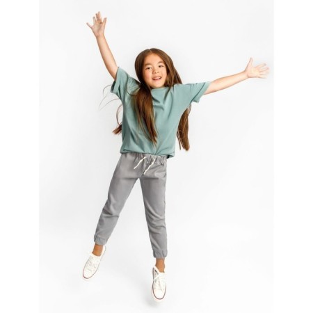 Children's jump (T-shirt, trousers), height 122-128 cm, mint color, gray color-3