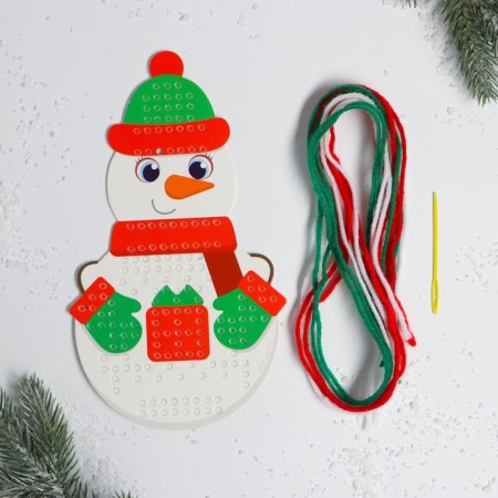New Year's set for creativity. Embroidery with yarn "New Year! Snowman "on cardboard with a plastic needle-2