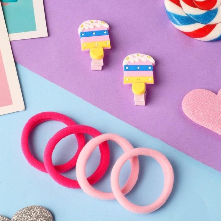 Caramel hair set (4 elastic bands, 2 clamps) ice cream, 3.5x2.5 cm, pink-1