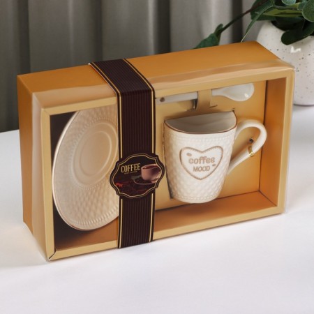 Coffee steam ceramic with a spoon of Coffee, 2 items: a mug of 190 ml, a saucer, a drawing mix-7