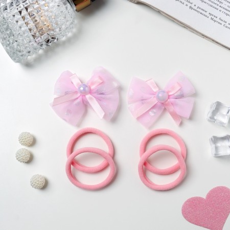 Hair Set "Coquette" (4 gum 4 cm, 2 clamps 7 cm) Overflow bow, pink-1