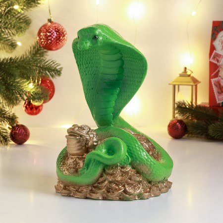 New Year. Symbol 2025. Figure "Snake of a cobra on money with a toad" 25x18cm, green