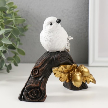 Souvenir Polystone "White Bird on a branch with golden acorns" 14.5x7x13 cm-3