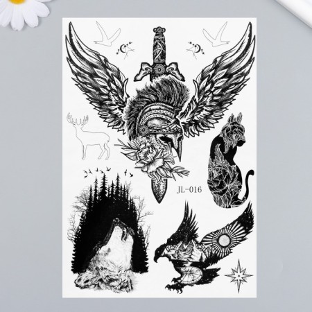 Tattoo on the body black "dagger, helmet and wings" 21x14.8 cm