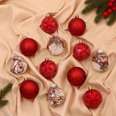 Set of balls plastic D-6 cm, 12 pcs "winter" red red