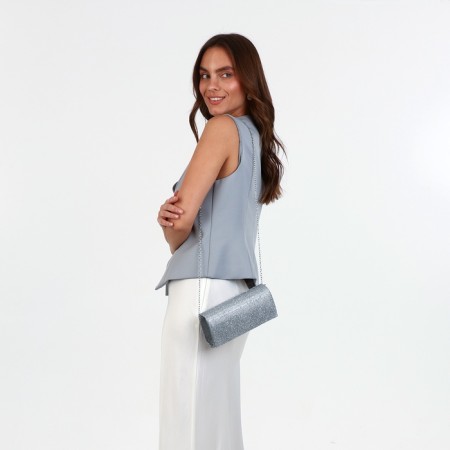 Female bag, valve department, long chain, silver color-1