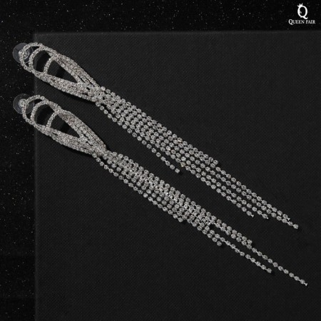 Hanging earrings with Hollywood rhinestones drops with threads, white color in silver, 15.5 cm-3