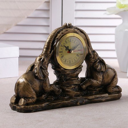 Two elephant watch clock, 30 x 20 x 7 cm, d-6.5 cm, gold-1