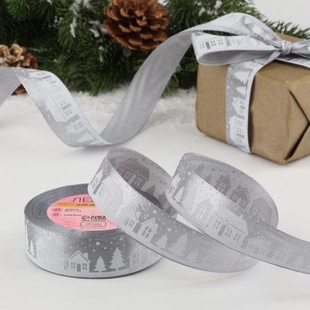 Satin ribbon "houses", 25 mm, 23 ± 1 m, color gray No. 59
