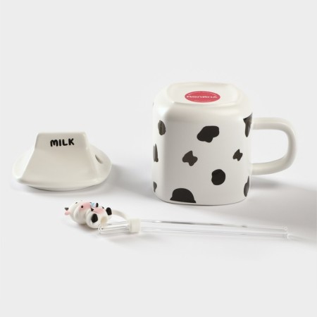 Ceramic mug with a Milk lid and tube, 350 ml, white and black color-1