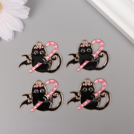 Decor for creativity metal, enamel "Black cat with candy" Black-pink 2.4x3.1 cm-2
