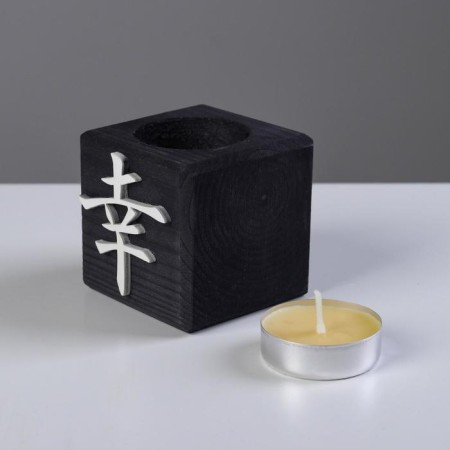 A candle in a wooden candlestick "Cube, hieroglyphs. Good luck", color: "Eben", 6x6x6 cm, mango aroma-1