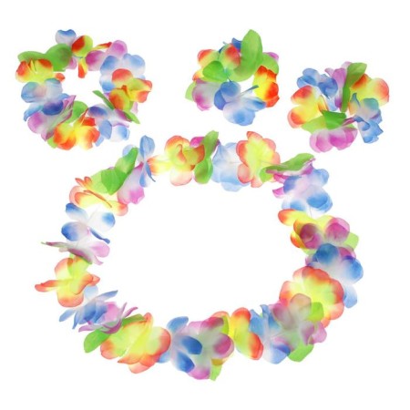 Set of Hawaiian theme 4 in 1: necklace, wreath, 2 bracelets, multicolored flowers-1