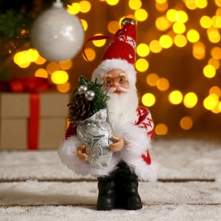 Santa Claus "In a red fur coat with a silver bag" 14 cm