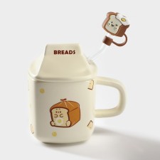 Ceramic mug with a lid and tube Brieds, 350 ml, beige color