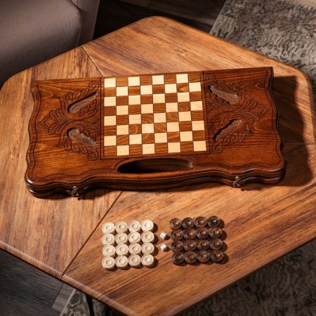 Handmade backgammon "Eagle Attack" with a pen, 60x30 cm, with a chess field, an array of walnut, Armenia-1