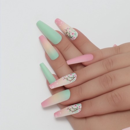 Sakura's overhead nails, 12 pcs, with glue plates, ballerina shape, pink/green color-7