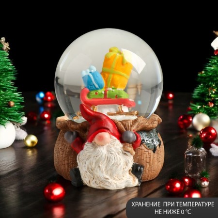 Souvenir Polystone Water Ball "Dwarf with a bag and a sleigh with gifts" 7x8x9 cm