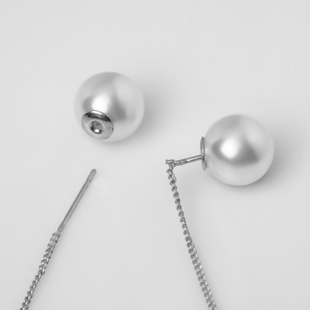 Earrings with pearls "chains" butterfly and bead, white color in silver, ball No. 10-2