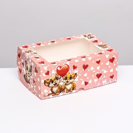 Packaging for 6 cupcakes with a window, pink with a tigerk, 25 x 17 x 10 cm