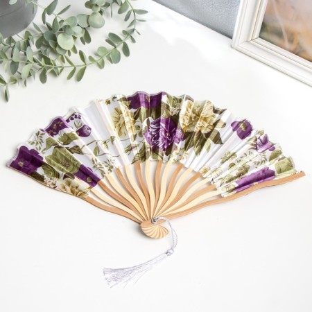 Fan bamboo, textiles h = 21 cm bend, with a brush "flowers" in a box, white-lilac-1
