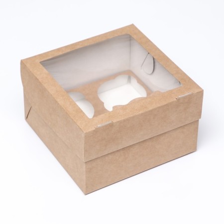 Box for 4 muffin with a window, craft, 16 x 16 x 10 cm-1