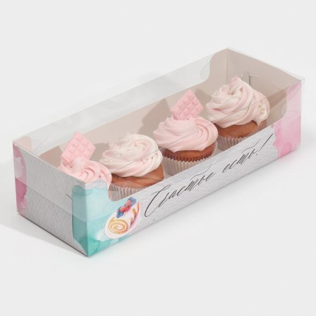Confectionery packaging, cupcake box with PVC lid, “Happiness is!”, 30 x 8 x 11 cm