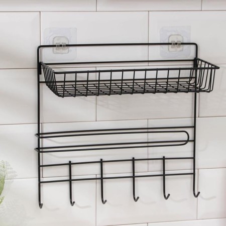 Shelf with a holder for towels of a share, 6 hooks, black color-1