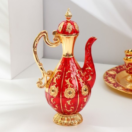 Set of wine jug, 6 glasses and tray "Türkiye. Medallion and patterns" red with gold-3