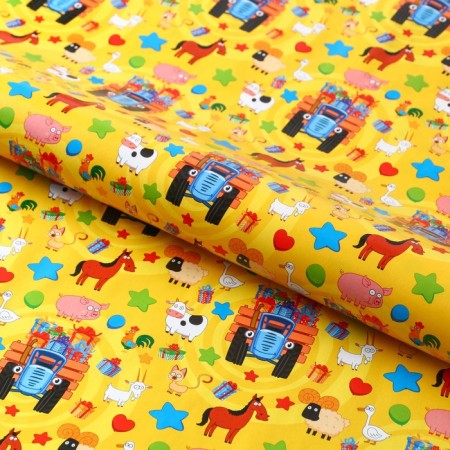 Glossy packaging paper, blue tractor, 70x100 cm-1