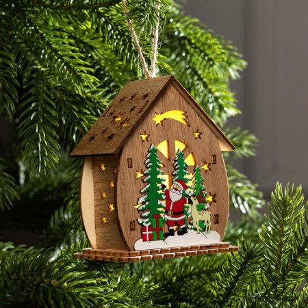 Christmas tree toy "House with Santa Claus and Christmas tree", from batteries, glow warm white