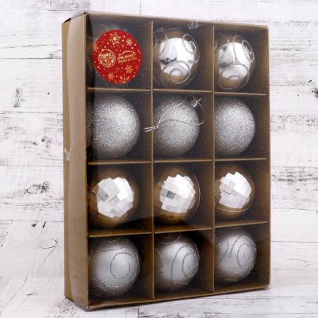Set of balls plastic D-6 cm, 12 pcs "Gloria" silver-1