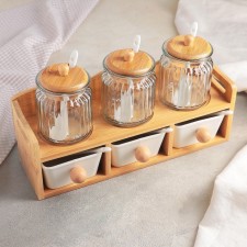 A set of ceramic cans for bulk products with spoons on the Estet wooden stand, 6 objects: 3 banks with spons of 230 ml, 3 banks 300 ml